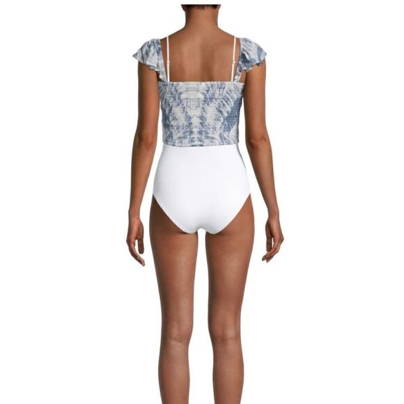 LA MODA CLOTHING Shirred Tie-Dye Cover-Up Crop Swim Top, Blue/White, L/XL, NWT - Picture 4 of 4